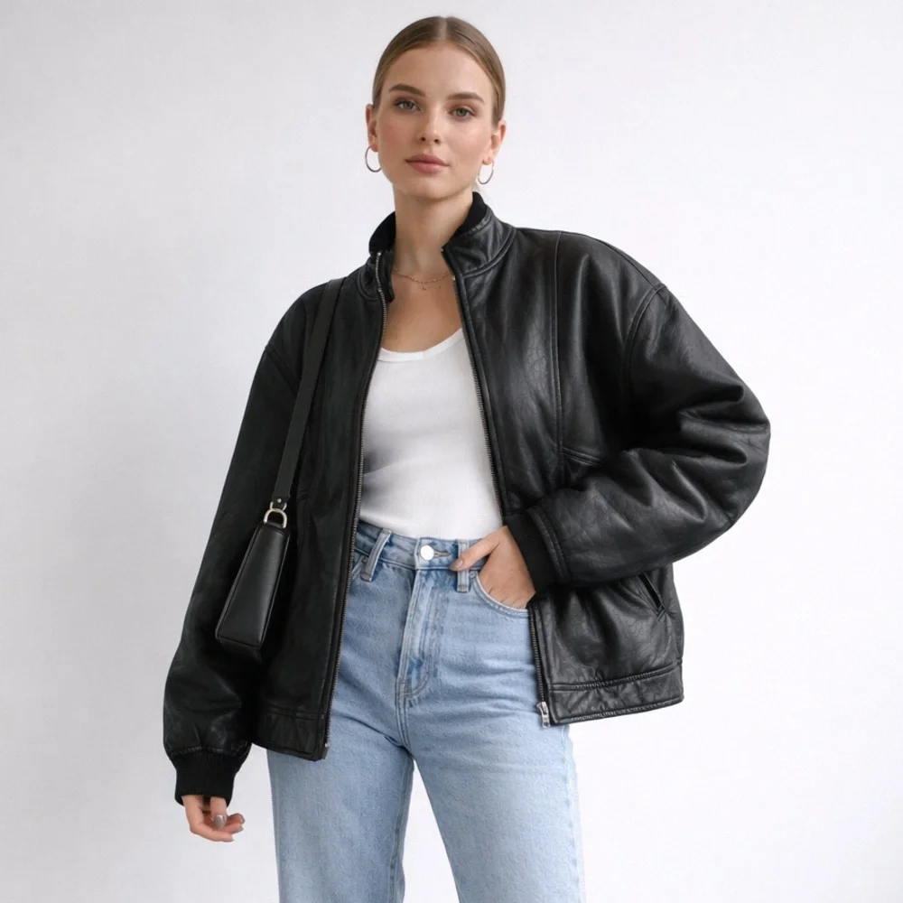 Vintage 90s Black Leather Jacket Sherpa Lined Minimalist Moto L Wilson’s leather - Picture 1 of 13